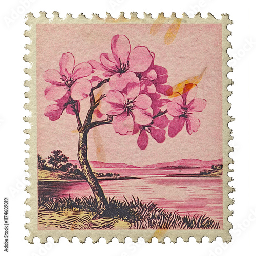 vintage postage stamp with large cherry blossoms 