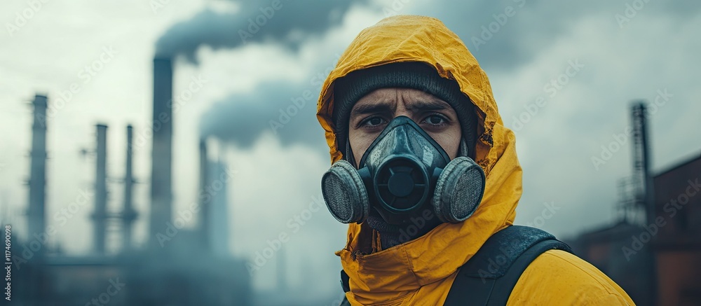 Naklejka premium Pollution and Environmental Disaster: A Man in a Gas Mask