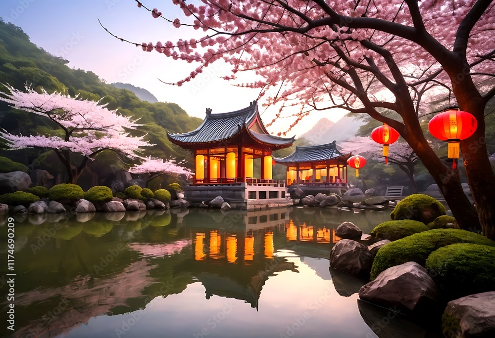 Fototapeta premium Serene Asian Garden Pavilion at Sunrise with Cherry Blossoms. A tranquil Asian garden scene featuring a traditional pavilion reflecting beautifully in a calm pond