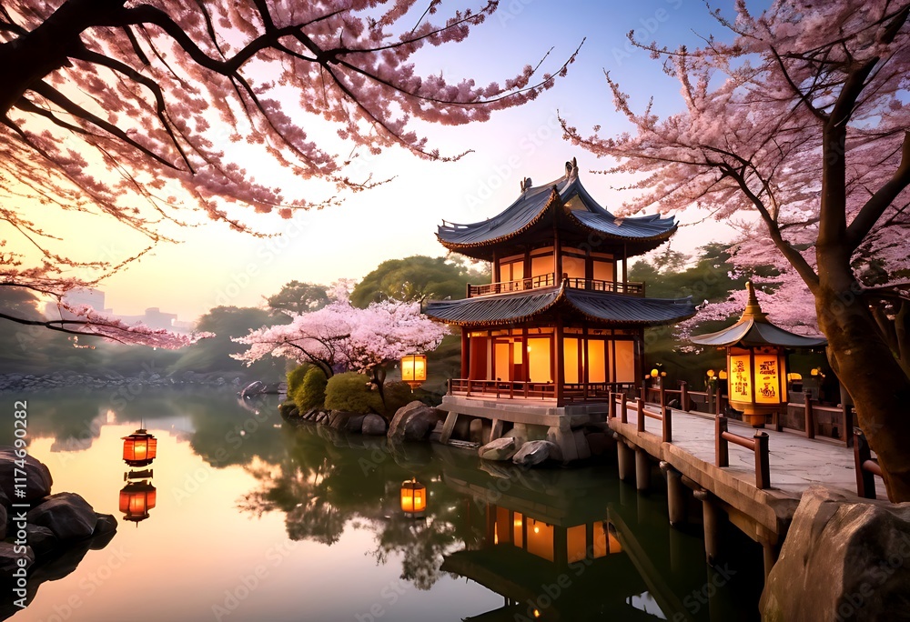 Obraz premium Serene Japanese Pagoda with Cherry Blossoms at Dawn. A tranquil scene of a traditional Japanese pagoda nestled amidst cherry blossom trees lining a calm pond at dawn
