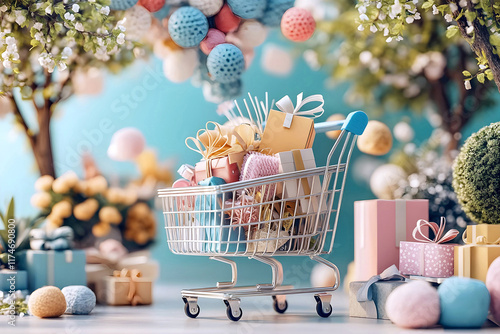 3d render shopping cart in pastel, soft colors full of gift boxes and presents, valentine's day, Easter online shopping, e-commerce, festive decorations on background, e-business marketing.