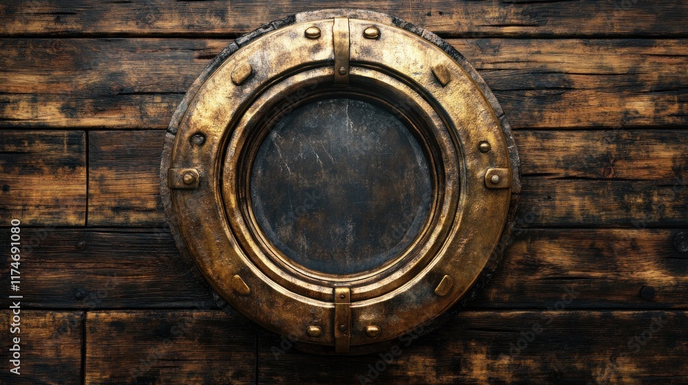 Fototapeta premium Nautical Brass Porthole on Weathered Wooden Wall