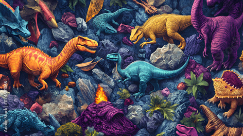 Lively Dinosaur Pattern Surrounded by Colorful Geological Elements Such as Volcanoes and Rocks photo