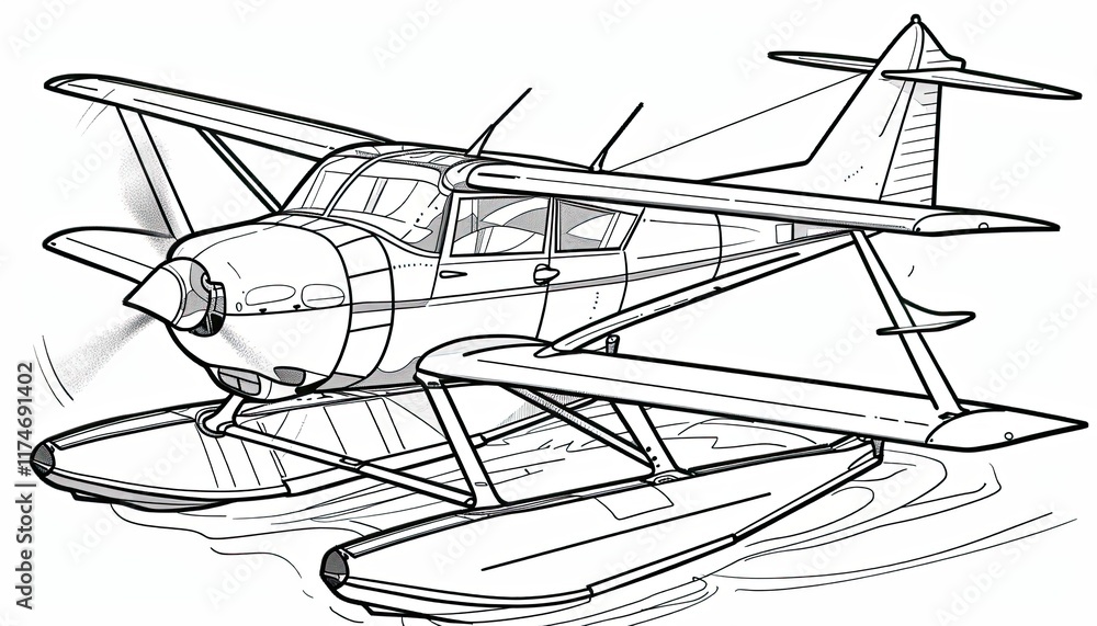A detailed line art drawing of a seaplane perfect for coloring activities. Engage kids with aviation themes or incorporate into travel-themed projects. A detailed line art drawing of a seaplane perfect for coloring activities. Engage kids with aviation themes or incorporate into travel-themed projects.