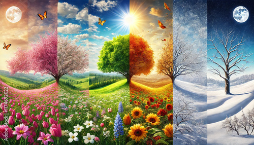Four different seasons are shown in a row, with a tree in the middle of each one. The first season is spring, with a pink tree and flowers in the foreground. The second season is summer