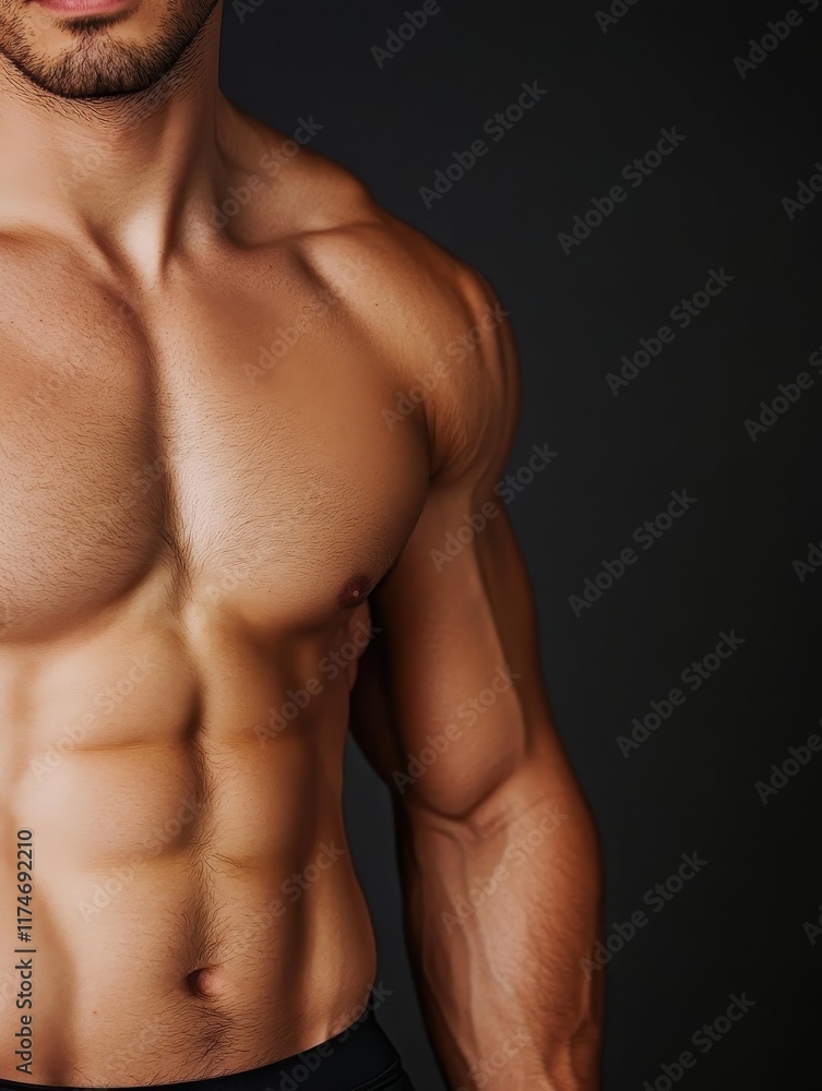 Fitness model showcasing muscular physique studio setting photography dark background close-up health and strength
