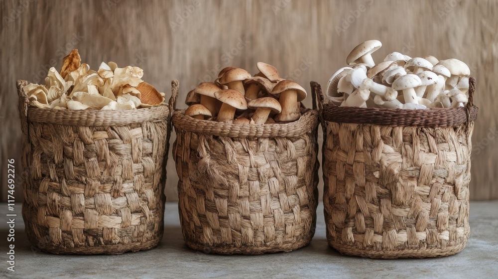 Harvested mushrooms in woven baskets displayed on a rustic surface Harvested mushrooms in woven baskets displayed on a rustic surface