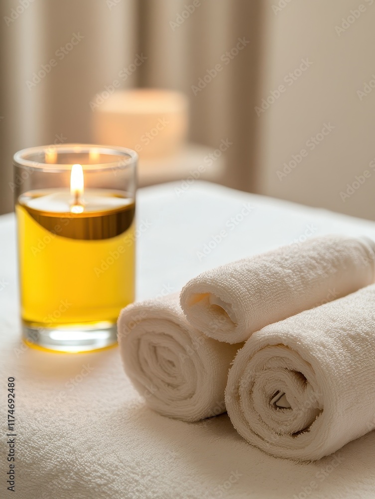 Relaxing spa treatment with candles and towels in a tranquil room setting Relaxing spa treatment with candles and towels in a tranquil room setting