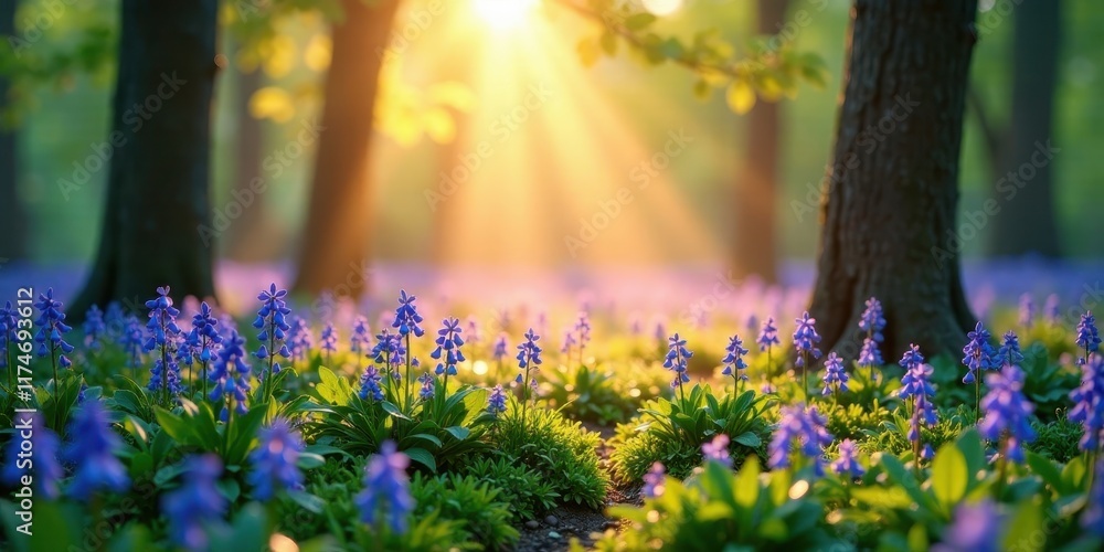 Obraz premium Serene Woodland Bloom Sunbeams Illuminate a Carpet of Delicate Blue Flowers in a Tranquil Forest Setting