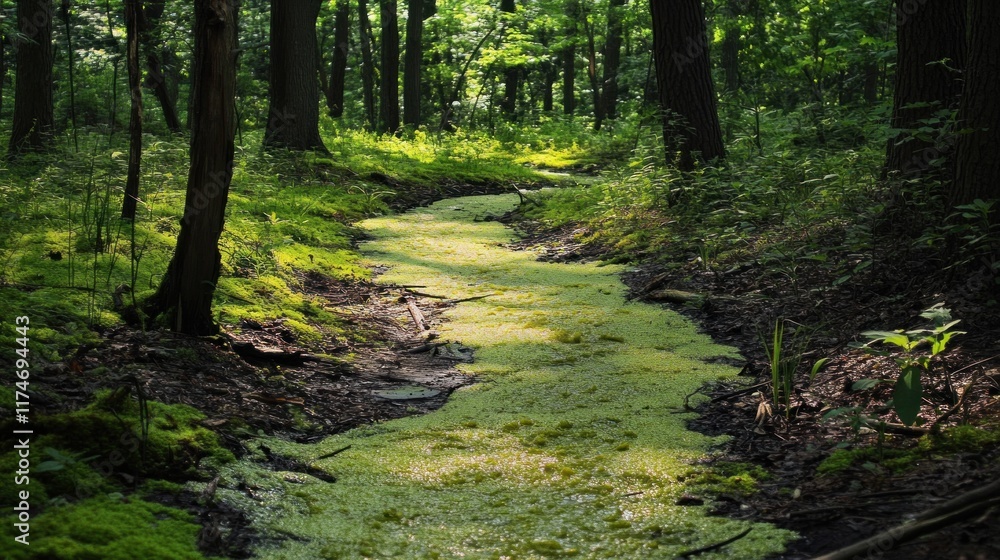 Sunlit Stream Through a Verdant Forest Sunlit Stream Through a Verdant Forest