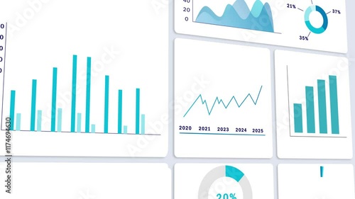 Neumorphic UI interface of Business Website Dashboard Showing Graphs, Diagrams and Statistics. Admin statistical Web page with Data Visualization and Analytics. 3D Animation