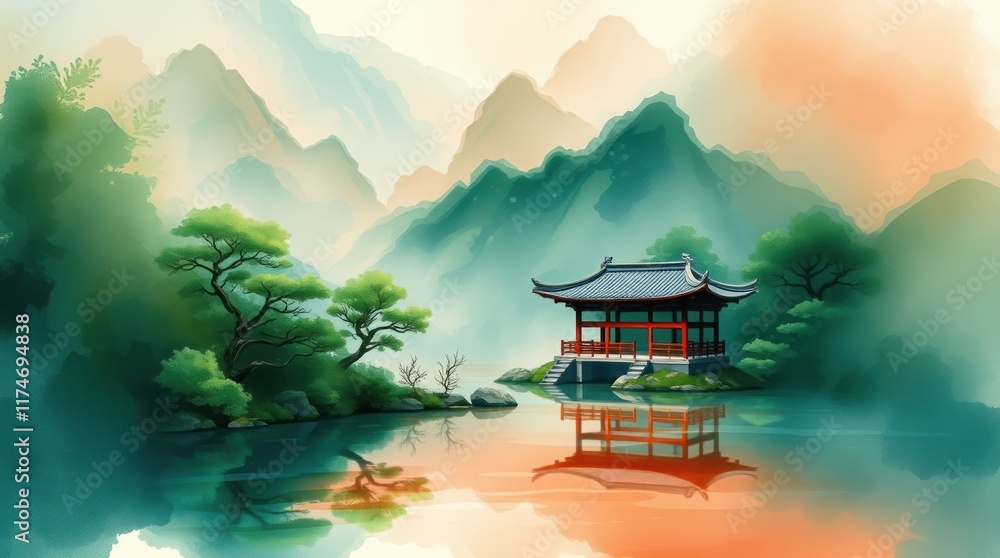 Obraz premium Serene Pavilion on Mountain Lake, Sunrise View.