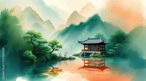 Wallpaper Mural Serene Pavilion on Mountain Lake, Sunrise View. Torontodigital.ca