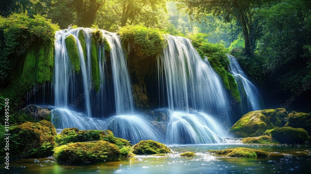 Obraz premium Tranquil Waterfall in Lush Forest