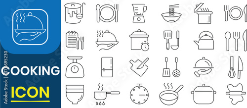 Cooking and kitchen, Restaurant icon set. Bread maker, blender, waffle maker, coffeemaker, frying time, hot pen, Juicer, meat grinder, fryer, mixer, dishwasher cutting board. Vector illustration.