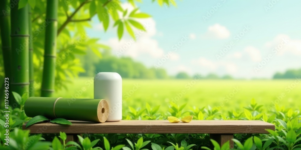 Serene Bamboo Grove Setting with Wooden Bench Displaying Cylindrical Objects and Delicate Leaves