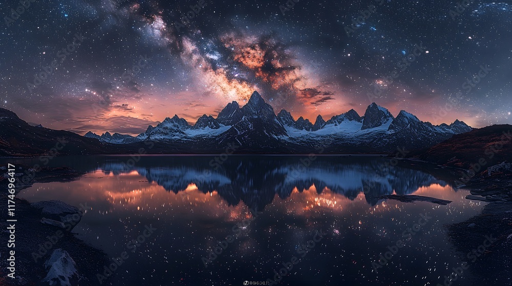 Naklejka premium Mesmerizing Starry Night Sky Reflected in a Tranquil Mountain Lake