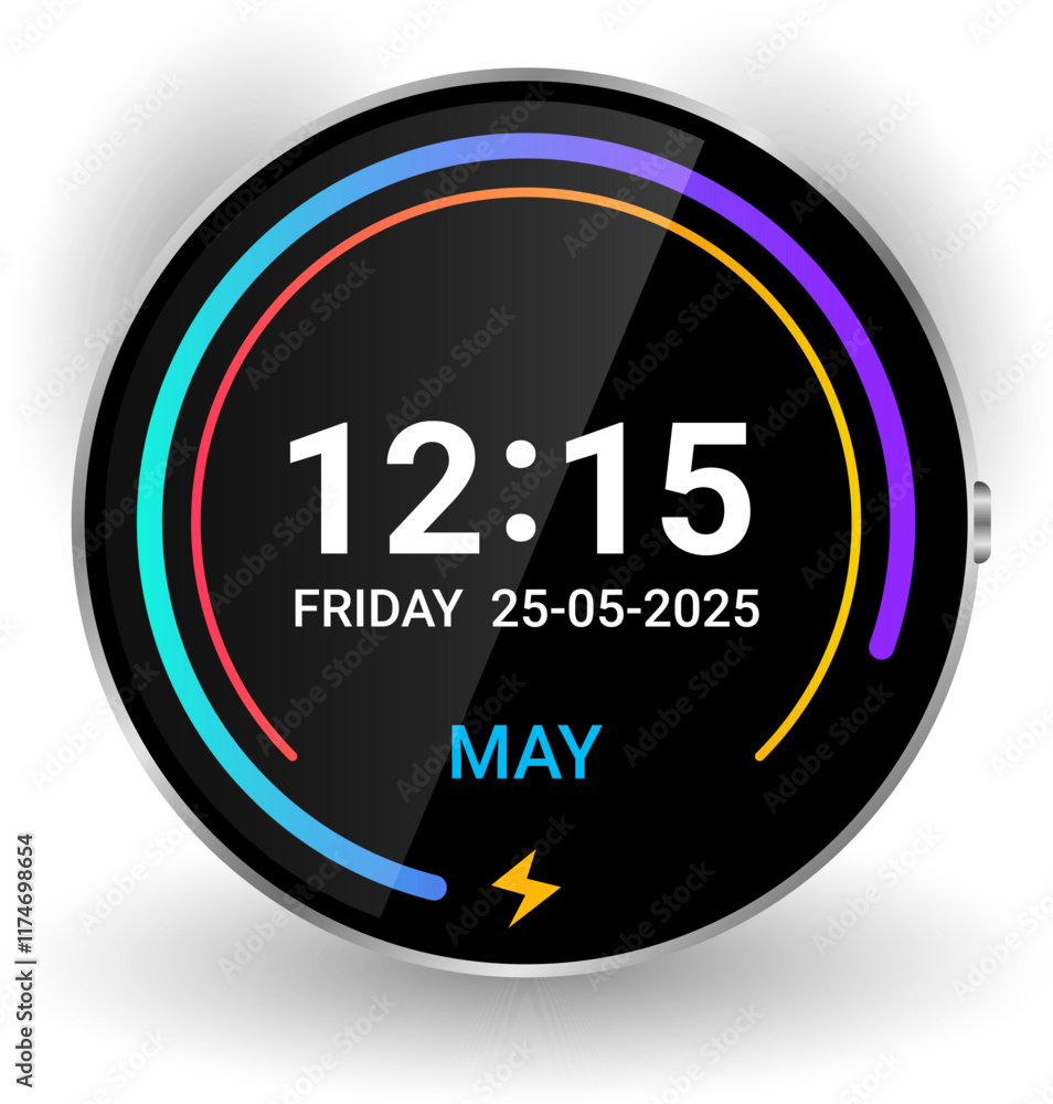 Circular Digital Smartwatch Face with Colorful Progress Rings and Date Display Circular Digital Smartwatch Face with Colorful Progress Rings and Date Display