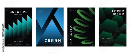 Abstract gradient background vector set. Minimalist style cover template with vibrant perspective 3d geometric prism shapes collection. Ideal design for social media, poster, cover, banner, flyer.