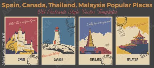 Canada, Malaysia, Thailand, Spain Attractions Postcard Set, Lighthouse, Pagoda, Temple, Castle Popular Place Illustrations, Vector Templates Retro Style Greeting Cards. Postal Imprints