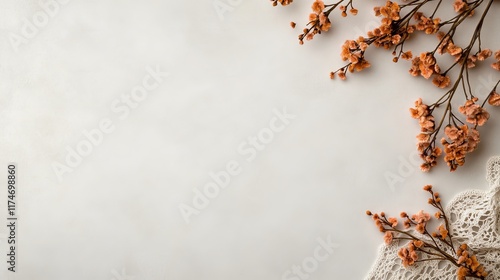 Elegant flatlay featuring delicate coral flowers and creamy lace on a neutral background. Perfect for wedding stationery or feminine branding.