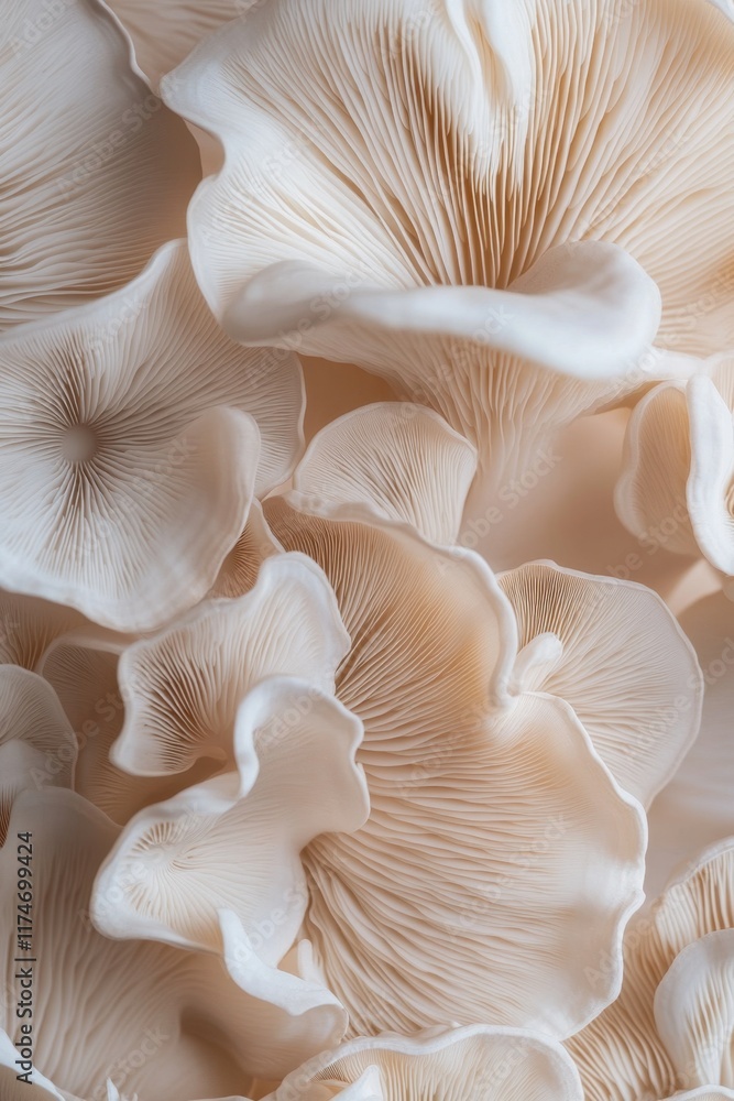 Realistic oyster mushrooms showcase flowing, layered forms in soft beige and gray tones, creating a dynamic and natural appearance in a close-up view Realistic oyster mushrooms showcase flowing, layered forms in soft beige and gray tones, creating a dynamic and natural appearance in a close-up view