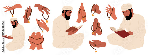 Set of Muslim men praying and hands with rosary beads. Ramadan Celebration. Traditional Islamic holiday