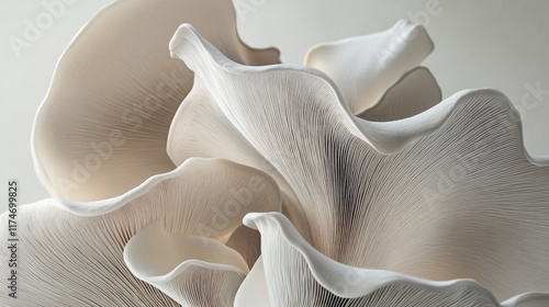 Captivating forms of oyster mushrooms with flowing textures in soft beige and gray tones showcasing their unique beauty photo