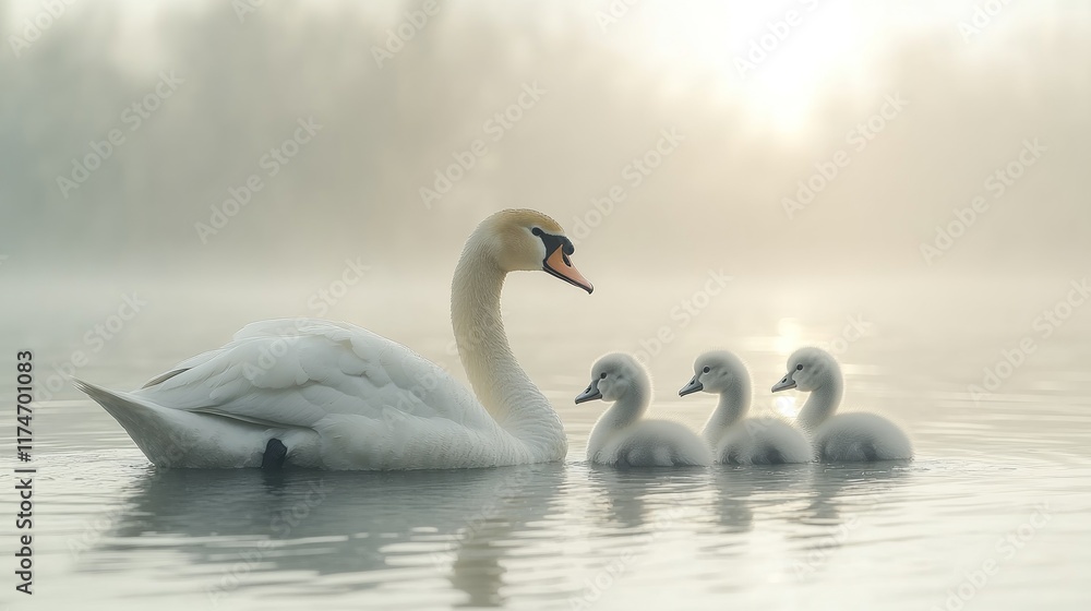 Majestic swan with three cygnets swimming on a misty lake at sunrise. Majestic swan with three cygnets swimming on a misty lake at sunrise.