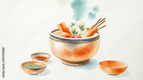 Steaming hot pot with seafood and vegetables, Asian cuisine, watercolor style, food blog.