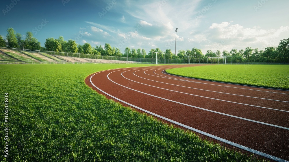 Fototapeta premium A Curved Running Track Surrounded by Green Grass