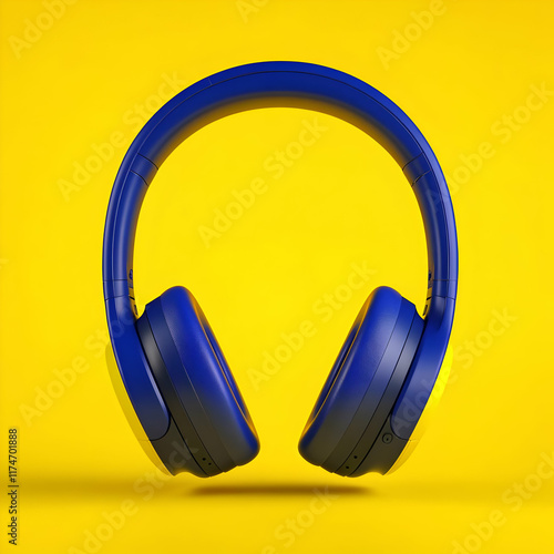 3D Render Blue Headphones Yellow Background photo