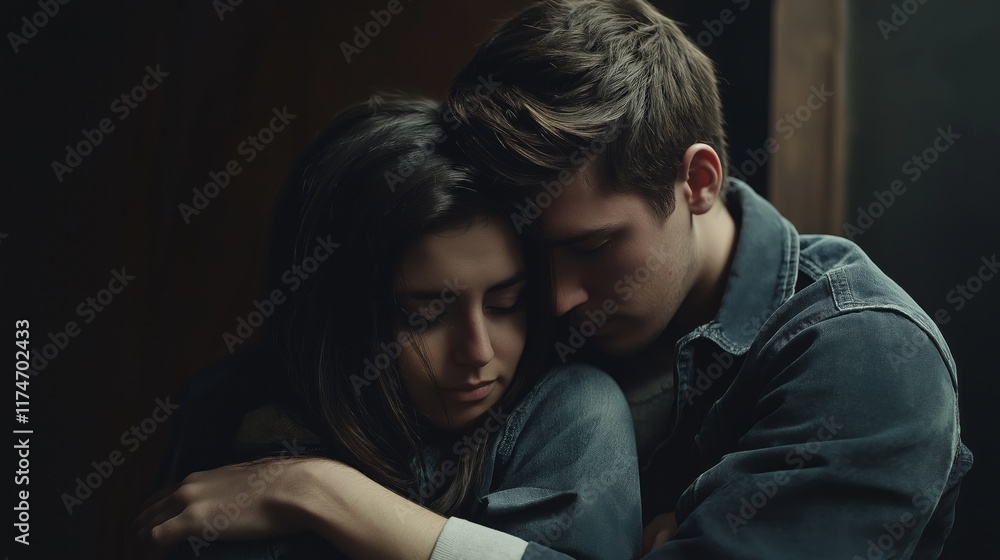 A couple holds each other tightly in a dimly lit space, seeking solace from their emotions as they share a tender moment, lost in their thoughts and feelings A couple holds each other tightly in a dimly lit space, seeking solace from their emotions as they share a tender moment, lost in their thoughts and feelings