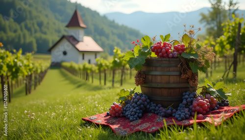 Traditional Bulgarian wine barrel surrounded by grapes on a grassy field with a chapel backdrop