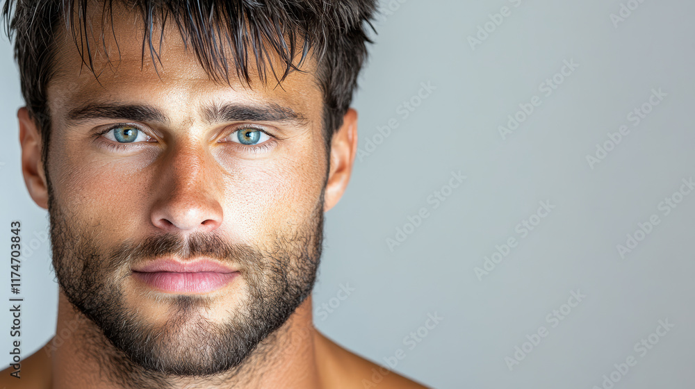 Fototapeta premium man with thoughtful gaze and striking blue eyes, showcasing his features