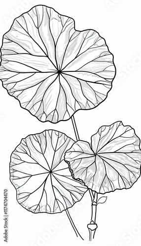 Intricate line art of Polyscias scutellaria leaves. Ideal for botanical illustrations, nature-inspired designs, or coloring pages. photo