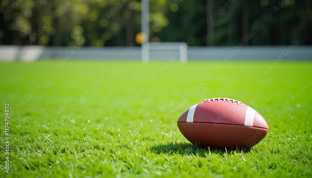 Close-up of a football on green turf field, start of the season Close-up of a football on green turf field, start of the season