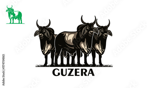 guzera great cattle with big horn logo, silhouette of strong cow standing vector illustrations