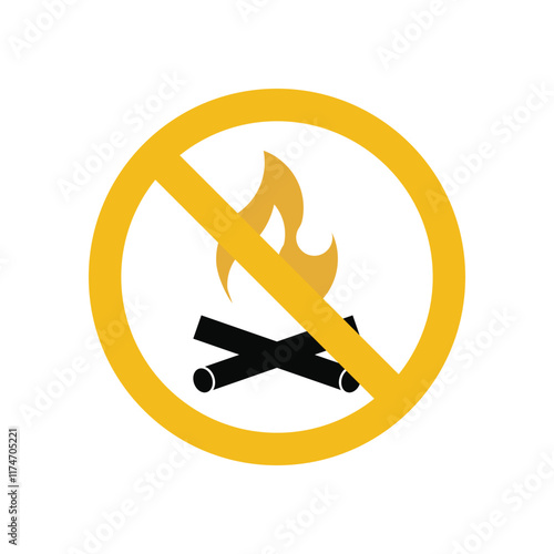 Fire restriction road sign isolated on a white background. No campfire area traffic sign with a yellow circle and campfire icon. Campfire prohibited area caution sign for hikers and campers.