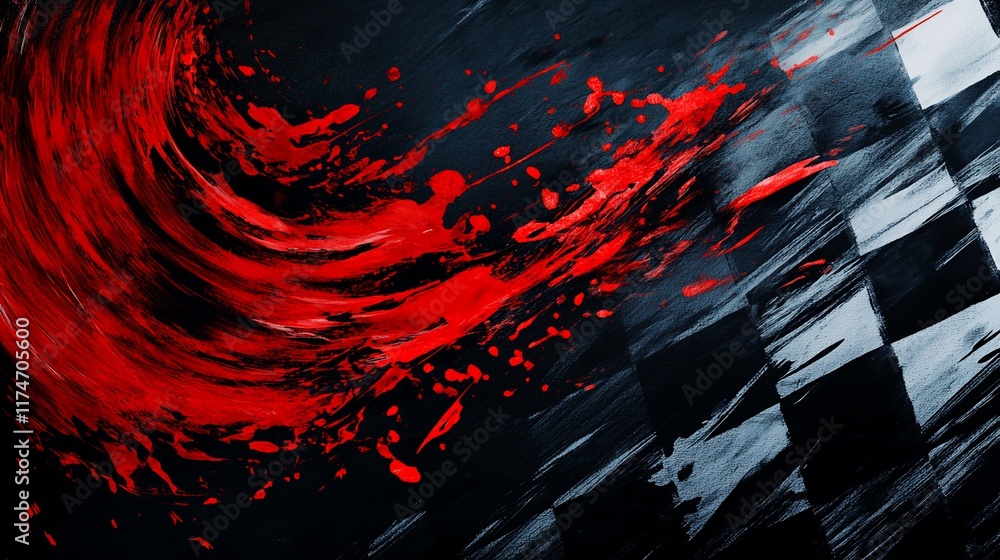 Abstract racing background with red paint splashes and checkered flag texture. Abstract racing background with red paint splashes and checkered flag texture.
