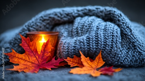 Autumn Leaves Candlelight Cozy Knitted Blanket Scene