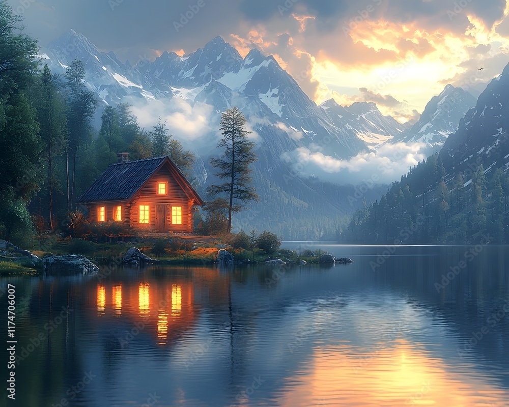 Fototapeta premium Cozy Cabin by Tranquil Mountain Lake at Sunset with Inviting Glow