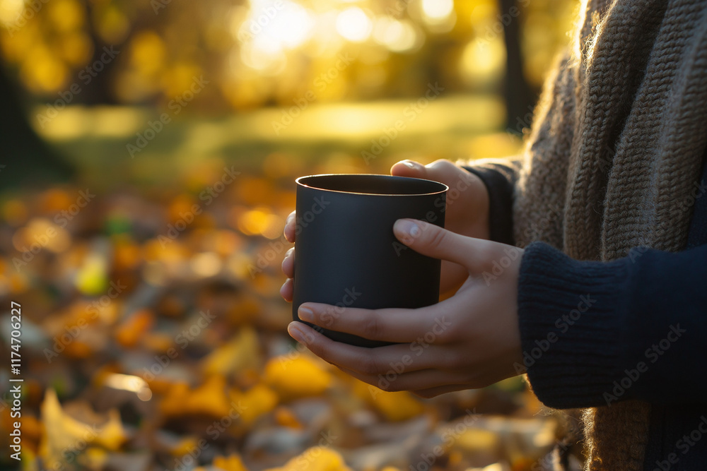 Hands holding a black cup with autumn leaves in the background. Hands holding a black cup with autumn leaves in the background.
