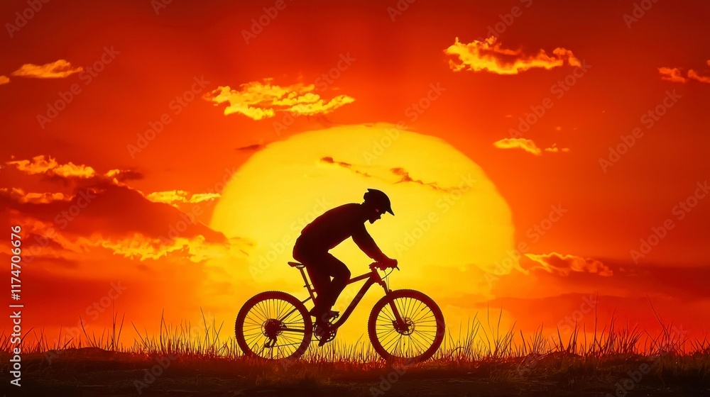 Fototapeta premium Silhouette of Cyclist Riding Bicycle Against Vibrant Sunset Background