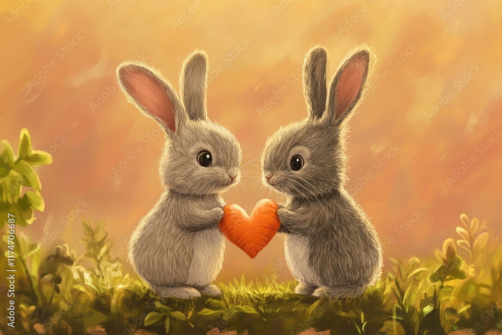 A charming illustration of two bunnies sharing a heart - shaped carrot Valentine’s Day card A charming illustration of two bunnies sharing a heart - shaped carrot Valentine’s Day card