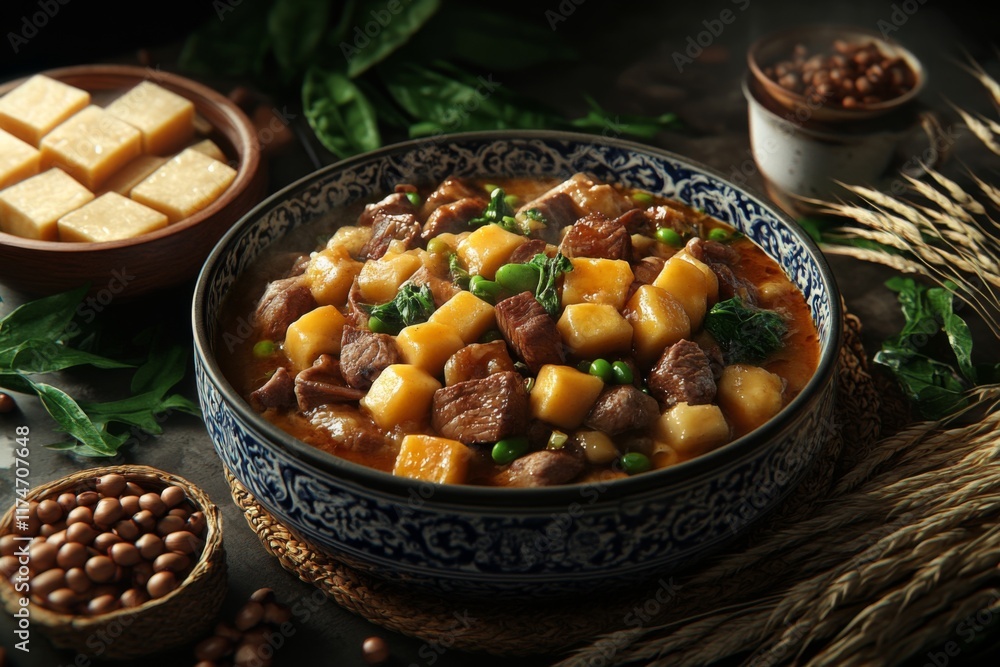 large clay pot filled with beef and vegetables stew, surrounded by ingredients on the kitchen large clay pot filled with beef and vegetables stew, surrounded by ingredients on the kitchen
