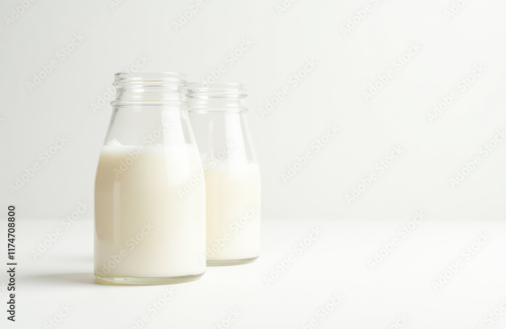 Fresh Milk in a Glass Jar on Minimalist White Background for a Clean Aesthetic. Fresh Milk in a Glass Jar on Minimalist White Background for a Clean Aesthetic.