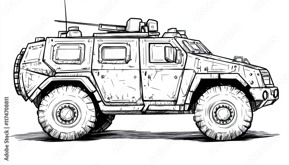 A rugged armored vehicle sketch ideal for military or post-apocalyptic settings. Can be used for concept art illustrations or game design. A rugged armored vehicle sketch ideal for military or post-apocalyptic settings. Can be used for concept art illustrations or game design.