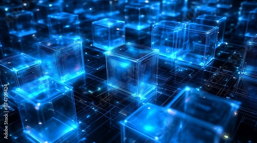 Abstract blockchain data blocks glowing in futuristic holographic light