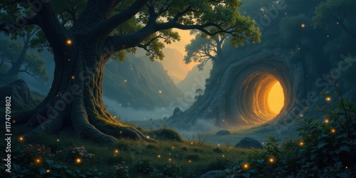 Wallpaper Mural Enchanted Forest Cave Entrance at Dusk with Glowing Fireflies and Ancient Trees Torontodigital.ca